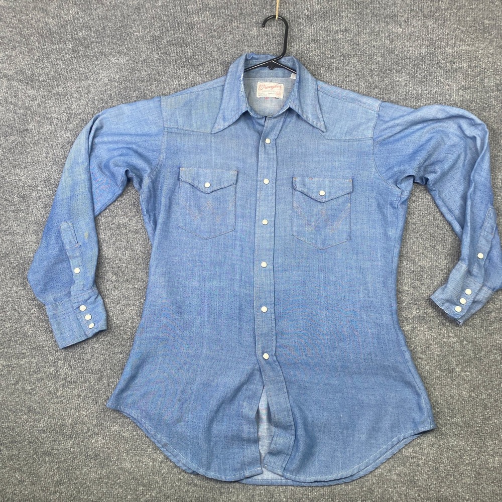 Vintage Wrangler Western Snap Denim Shirt Mens 15.5 Long Tail 60s 70s Sanforized